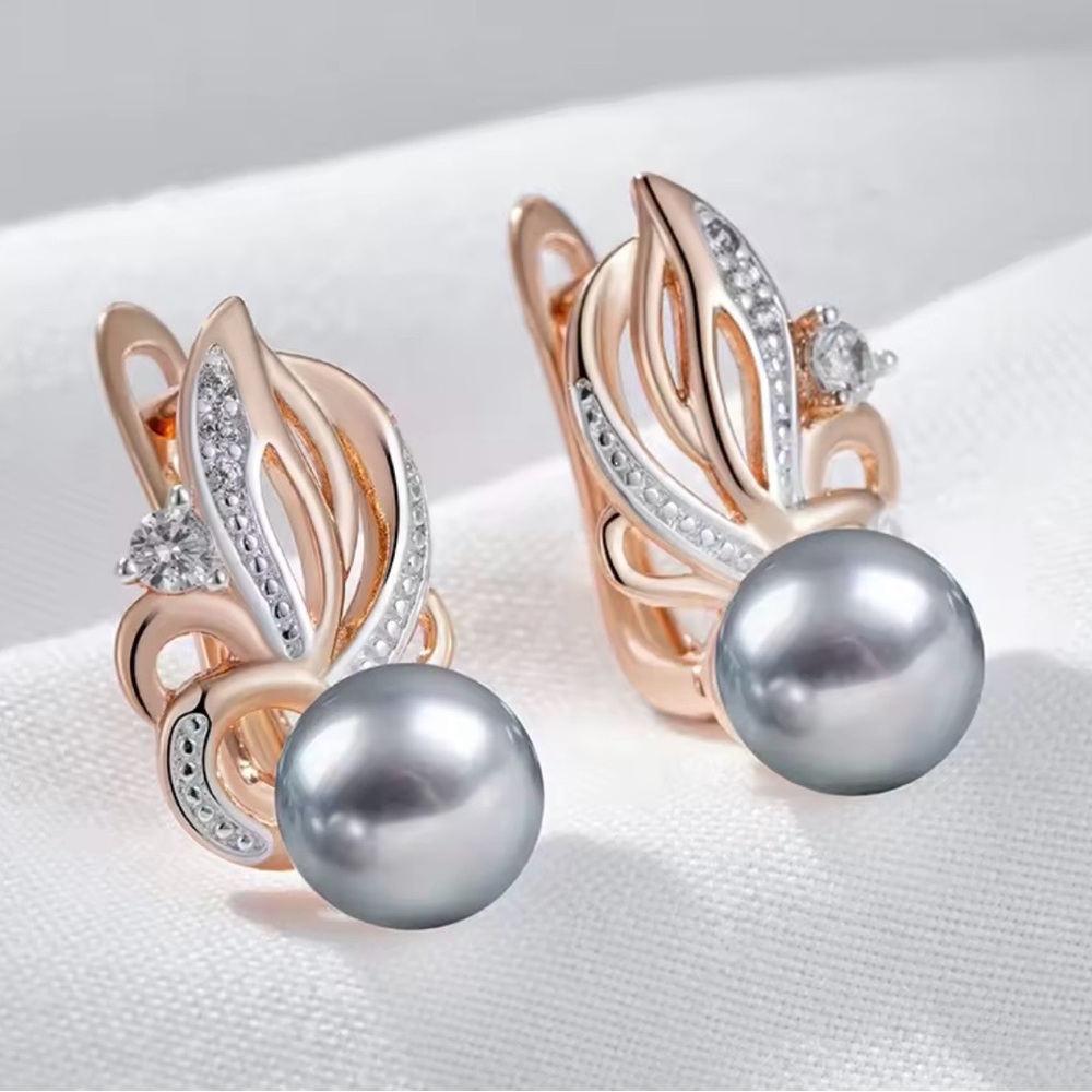 🤍Flower Rose Gold & Gray Pearl Drop Earrings